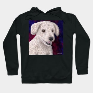 Painting of a Cute Fluffy White Maltipoo Smiling on Red and Purple Background Hoodie